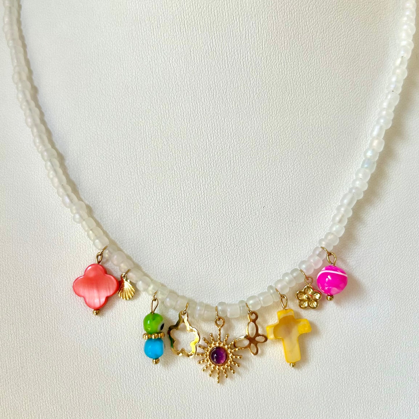 White Beaded Charm Necklace