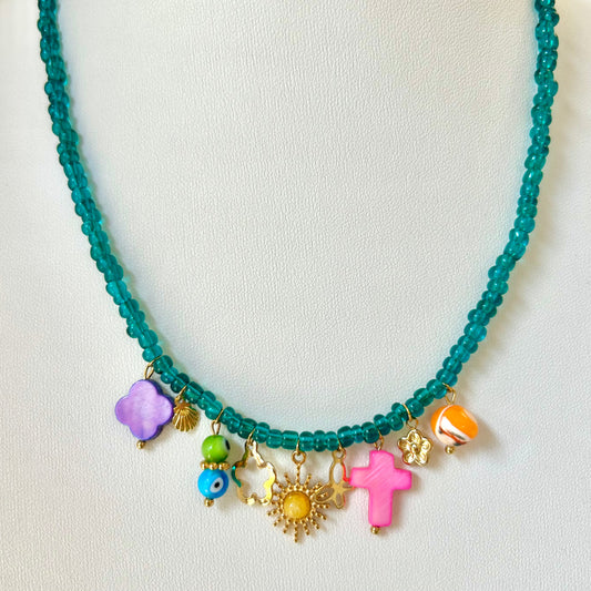 Turquoise Beaded Charm Necklace