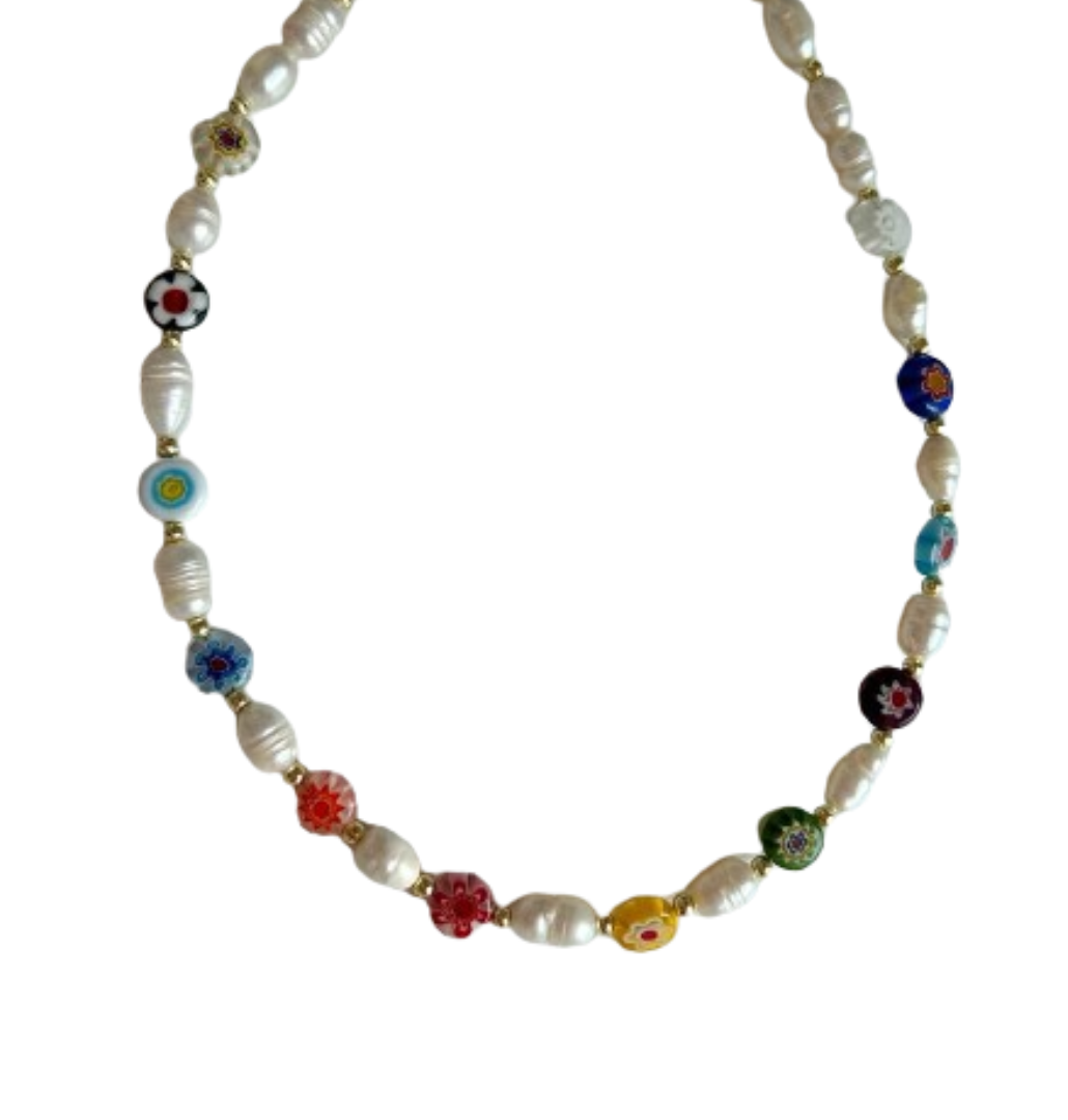 Millefiori and Pearl Necklace (golden beads)