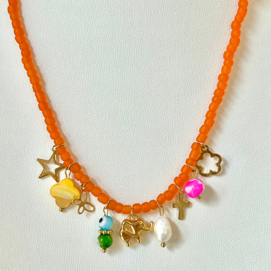 Orange Beaded Charm Necklace